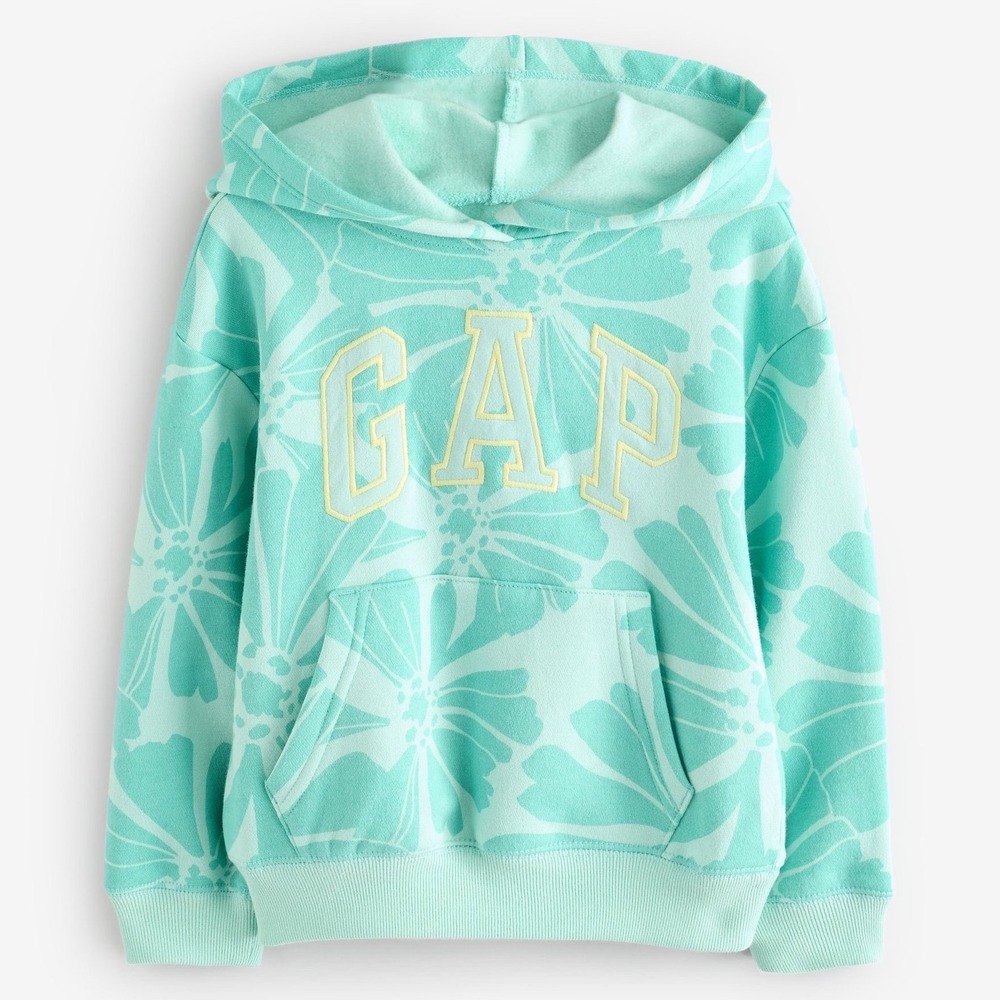 GAP Kid Vintage Relaxed Floral Logo Hoodie XL(12) Green Fleece Pullover Tropical